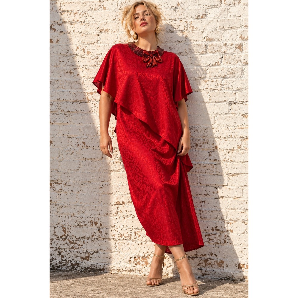 Vintage Alicia Red Acetate Leopard Jacquard Cape Dress Beaded Sequin Bow Size 20